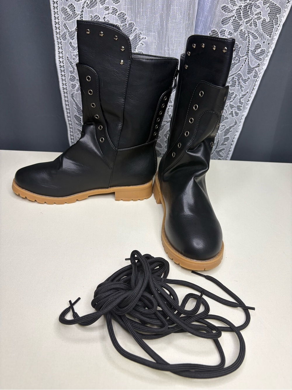 Black Leather Combat Boots with Tan Sole - Women's